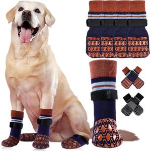 Kuoser Non Slip Dog Socks for Hardwood Floors, 4Pack Anti-Slip Dog Grippy Socks to Prevent Licking Paws, Dogs Booties Paw Protectors with Double-Sided Traction for Small Medium Large Senior Dogs, L (Brown)