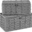 Mkono Storage Baskets Bin with Lid Decorative Paper Rope Handwoven Basket Organizer for Shelves Wardrobe Toilet Tank Top, Rectangular Wicker Home Decor Box for Bedroom Living Room, Set of 2, Grey
