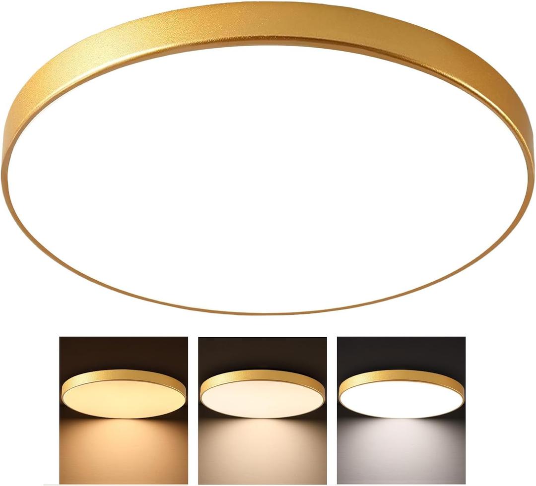 24 Inch Large Gold Round LED Flush Mount Ceiling Light, Modern 3000K/4000K/5000K Temperatures Adjustable 40W Ceiling Lighting Fixture for Bedroom Living Room Kitchen Hallway