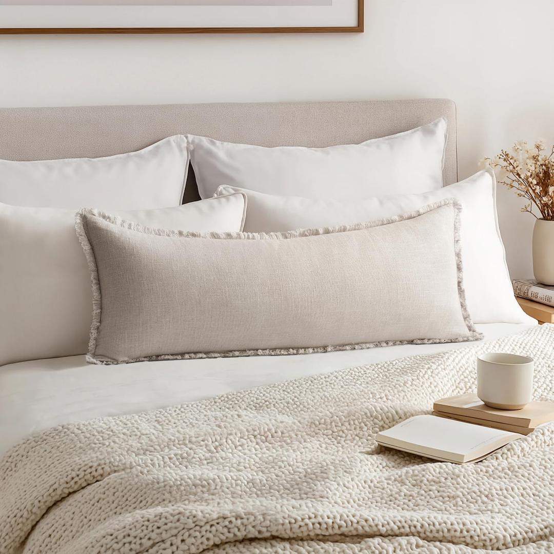 MIULEE Decorative Throw Pillow Covers Neutral Linen Fringe Throw Pillows Set of 1 Natural Beige Boho Farmhouse Cushion Covers for Couch Sofa Bed Living Room Spring Home Decor 14x36 Inch