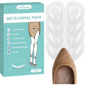 ZUCNANA Metatarsal Pads for Women (4 Pairs Shoe Inserts), Invisible Ball of Foot Cushions for Women High Heels, Soft Gel Foot Pads for Foot Pain Relief