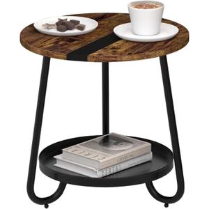 2 Tier Coffee Table in Living Room, Industrial Style Round Coffee Table with Metal Tray, Wood Small Outdoor Coffee Table for Bedroom Balcony Patio, Rustic Brown