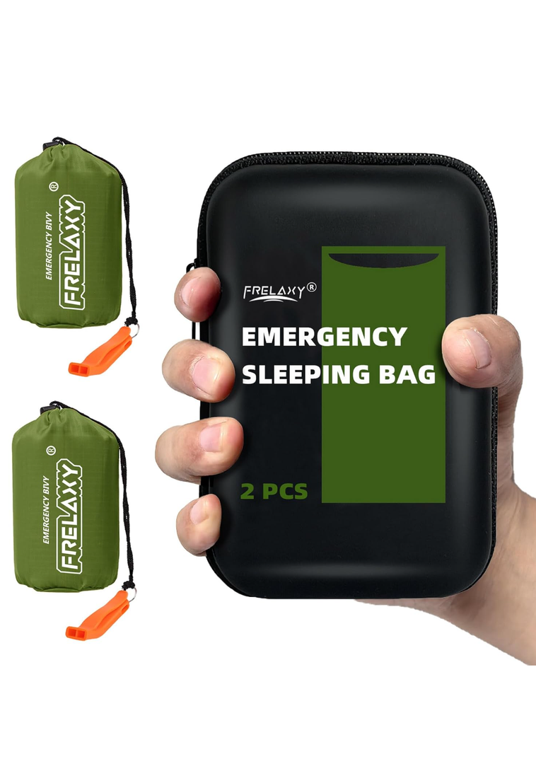 Frelaxy Emergency Sleeping Bag 1-Pack/2-Pack, Extra-Thick Compact Survival Bivy with Whistle, Storage Pouch, and EVA case, Perfect for Survival Kits (Army Green - 2 Pack)