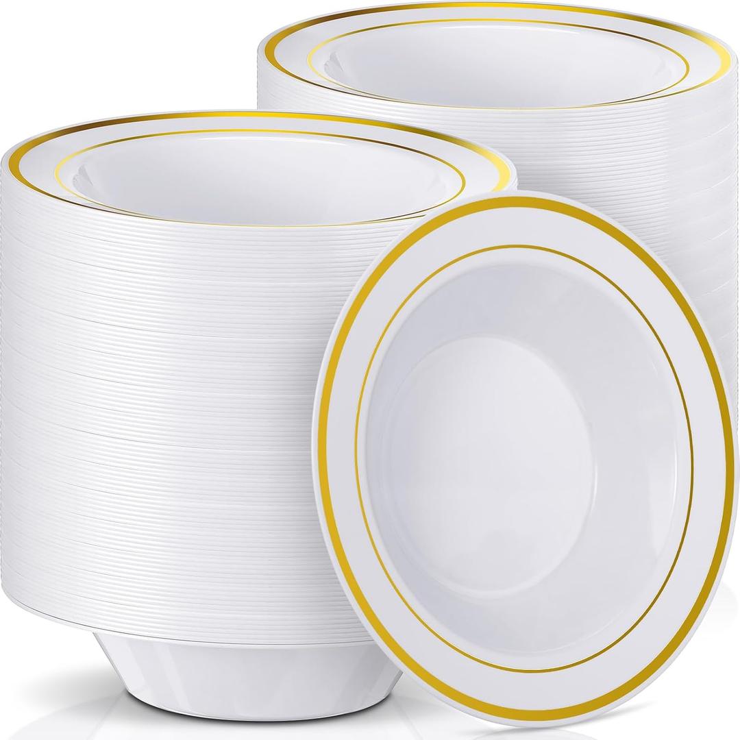 Jinei 150 Pieces 6 oz Plastic Bowls with Rim Small Disposable Soup Bowls for Dessert Salad Soup Candy Wedding Thanksgiving Catering Holidays Party Supplies (White,Gold Rim), about 5.43 inches in diameter