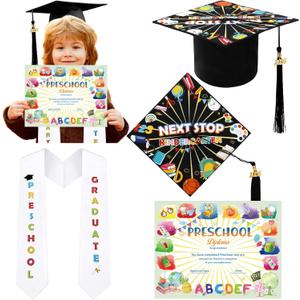 JaGely 3 Pcs Preschool Grade Graduation Set Graduation Cap with 2025 Tassel Graduation Stole Sash with Diploma Certificates Set for Students Supplies Teachers Parents Graduation Gifts