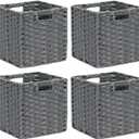 DULLEMELO Wicker Storage Baskets for Shelves, Plastic Woven Cube Storage Bins Set of 4, 11x11x11 inch Foldable Wicker Baskets for Shelves,Closet, Clothes, Toys-Grey