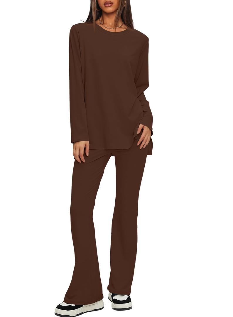 Darong Casual 2 Piece Sets For Women Fall Outfits 2025 Long Sleeve Tunic Top Flare Pants Matching Lounge Set 9218A Coffee, Large