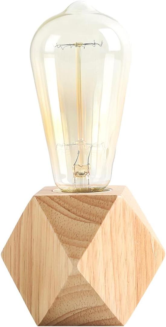 OuXean Small Wood Table Lamp, Bedside Lamp with Diamond Wooden Base E26 60W Industrial Night Light Boho Deco for Bedroom, Living Room or Office(No Bulb)