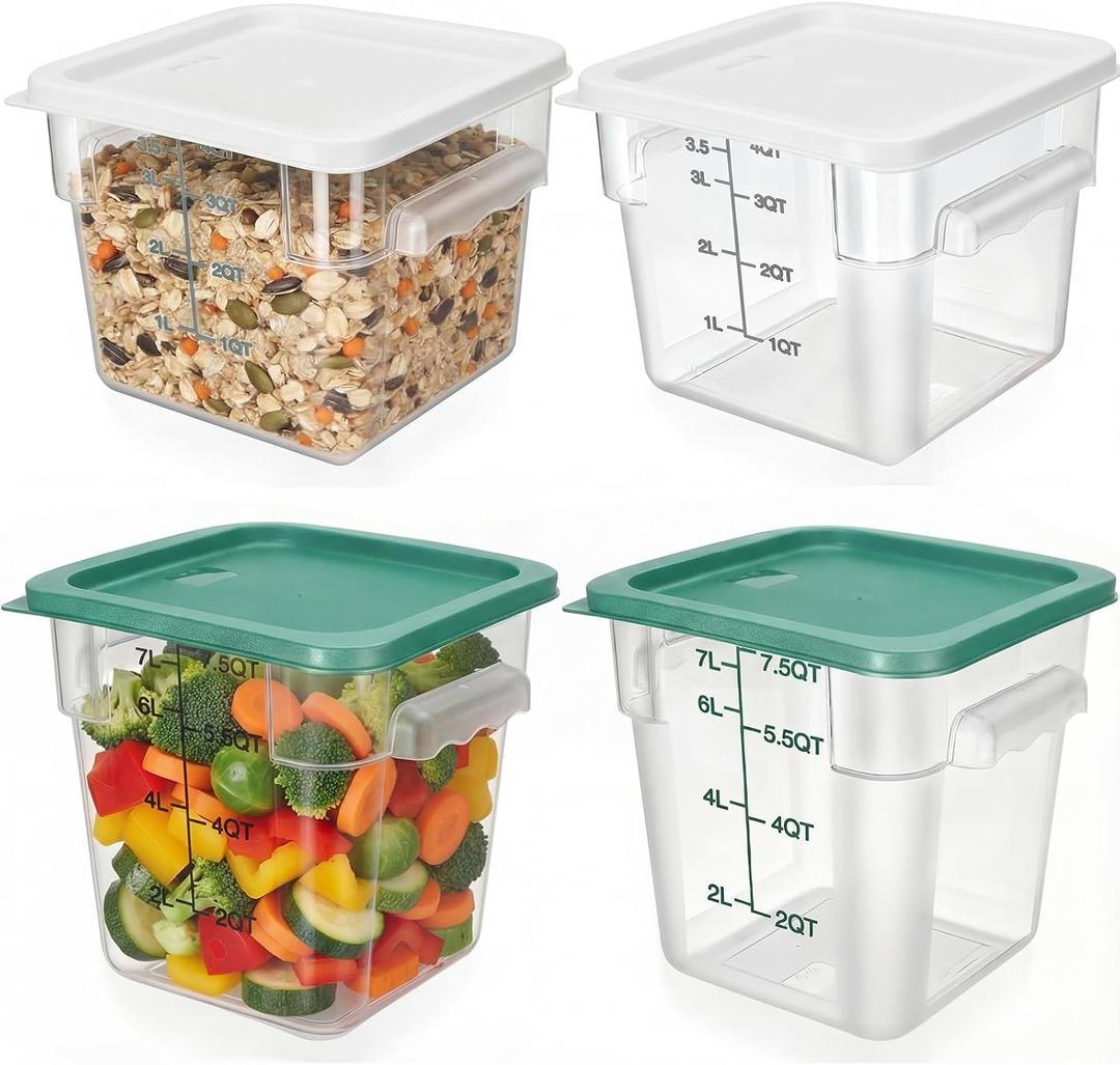Lallisa 4 Pcs 8qt & 4qt Clear Food Storage Containers with Lids Handles and Scales, Stackable Plastic Square Food Storage Containers for Dough Proofing Baking Kitchen Restaurant(White, Green)