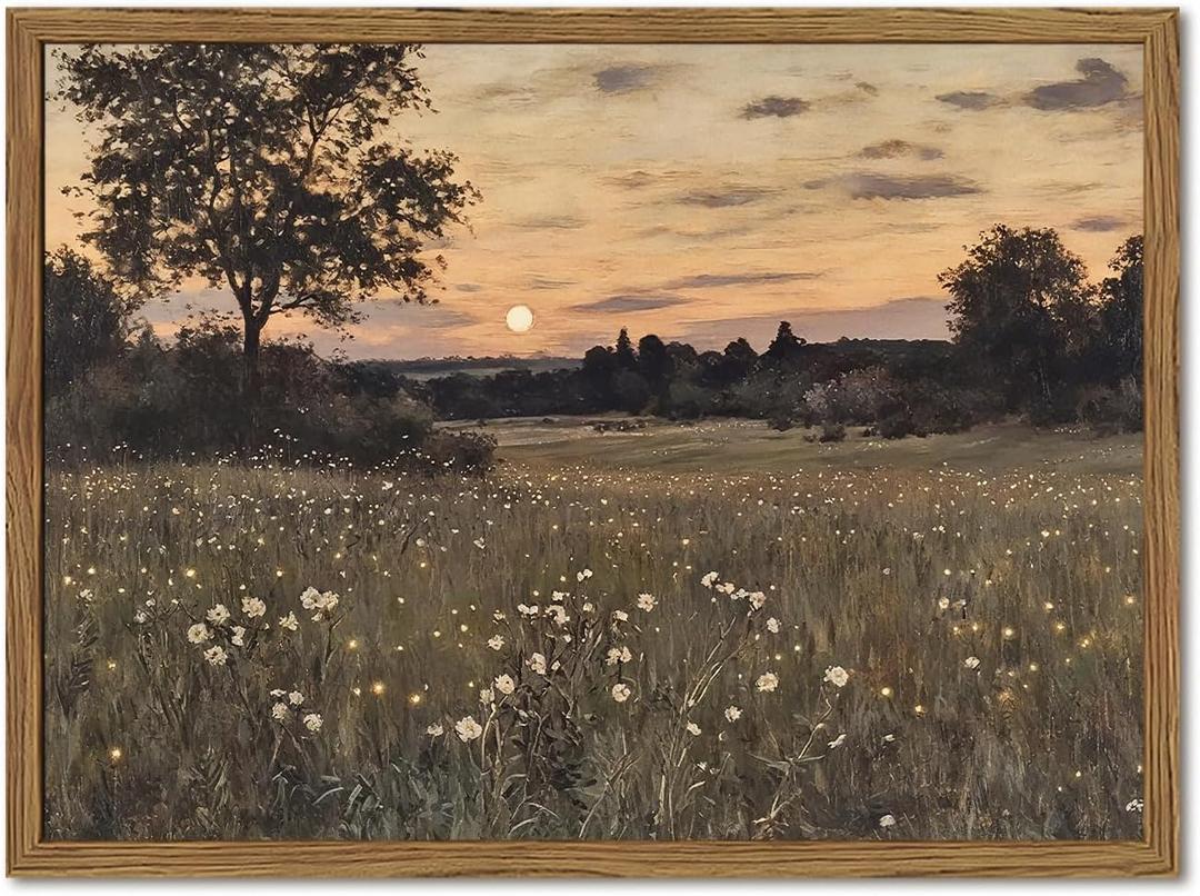 Vintage Farmhouse Wall Art, Rustic Floral Wall Decor Paintings, Twilight Firefly Artwork Painting Field Nature Landscape Canvas Prints for Bedroom Living Room 12x16 inch Wood Framed
