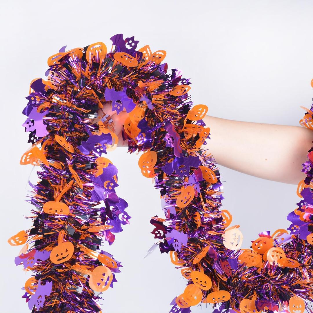 2 x Halloween Tinsel Garland Party Decorations 33FT Orange Purple Black Halloween Pumpkin Bat Garland Twist Hanging Indoor Outdoor Decorations