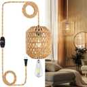 Plug In Pendant Light, 15FT Hemp Rope Cord, Hanging Lights With Plug In Cord Dimmable Rattan Hanging Lamp Wicker Woven Basket Lampshade, Industrial Plug In Ceiling Light Fixture For Kitchen (Brown)