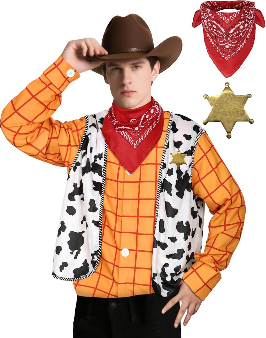 Cowboy Costume Men Yellow Plaid Shirt Vest with Neckerchief and Star Metal Badge Western Outfit Halloween Cosplay (Large)