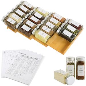 Spice Drawer Organizer with 18 Spice Jars,216 Labels,50 Non-slip Rubber, Bamboo 4 Tier Seasoning Rack Tray Insert for Kitchen Drawers,Cabinets,Countertop,9" Wide x 15.8" Deep