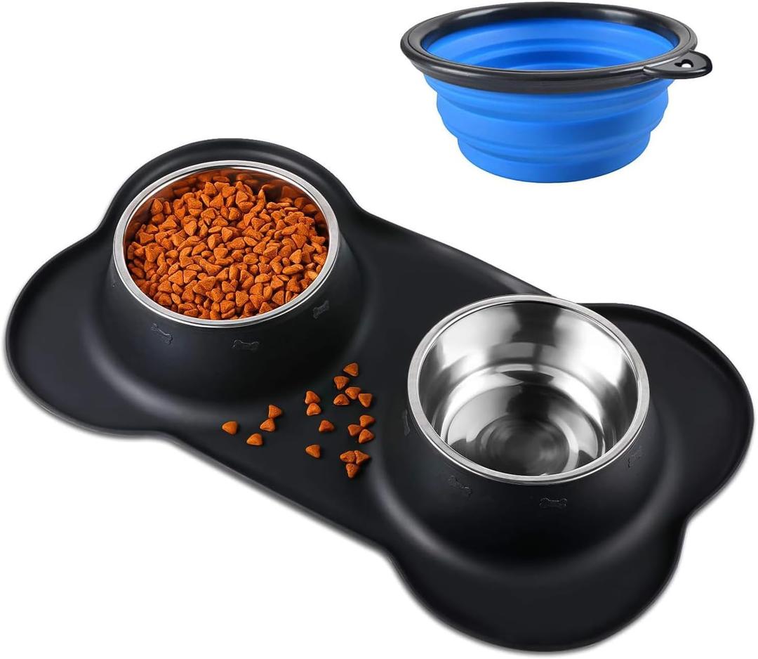 Bonve Pet Double Dog Food Bowls Stainless Steel & Water Dish with No-Spill and Non-Slip Silicone Mat, Removable Puppy Feeder Bowls for Small Medium Size Cat Dogs Kitten 14oz Black