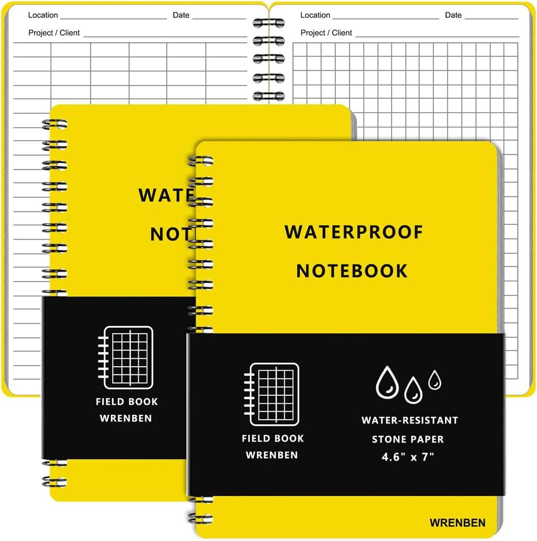2PCS Waterproof Spiral Notebooks with Hard Cover for Outdoor Camping, Field Graph, 100 pages per Weatherproof Notepad, A6 Medium Size All-Weather Steno Pads (4.8"x7", Yellow)
