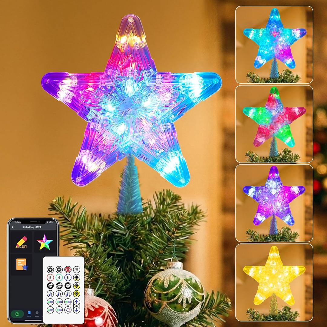 9" Christmas Star Tree Topper with Smart APP Control, Plug-in RGB Multicolor Tree Topper Lighted with DIY Lighting Modes, Music, Timer, Tree Topper Star for Xmas Holiday Party Decorations