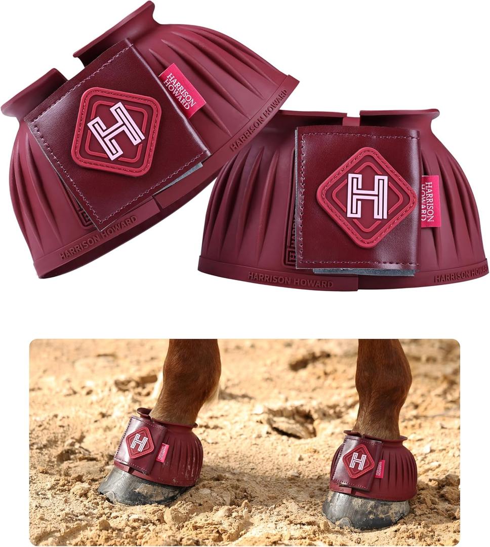 Harrison Howard Rubber Pull-on Bell Boots with Fleece Lining and Touch-Close Tapes Hoof Overreach Protection for Horses (Wine Red)