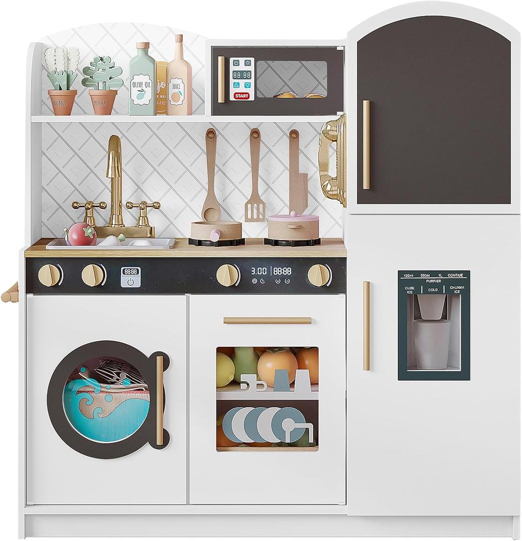 Treocho Play Kitchen for Kids, Wooden Toddler Kitchen Set with Storage, Modern Design Toy Kitchen with Faucet&Sink, Stove, Chalkboard, Icemaker and Various Accessories for Kids Ages 3+, White