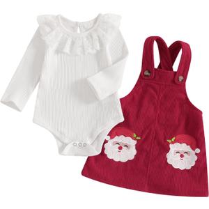 Socutebabe My First Christmas Baby Girl Outfit Newborn Lace Romper and Santa Corduroy Skirt Dress Outfits Clothes (Santa Claus Red, 6-12 Months)
