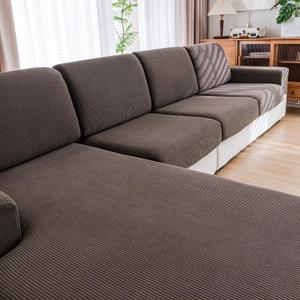 QIANMEW Couch Cushion Covers, Comfort Soft Magic Sofa Covers Washable Stretch Resistant Slipcovers for Sectional and L Shaped Seats Furniture Protectors for Pets (1PC Chaise Cover, Brown)