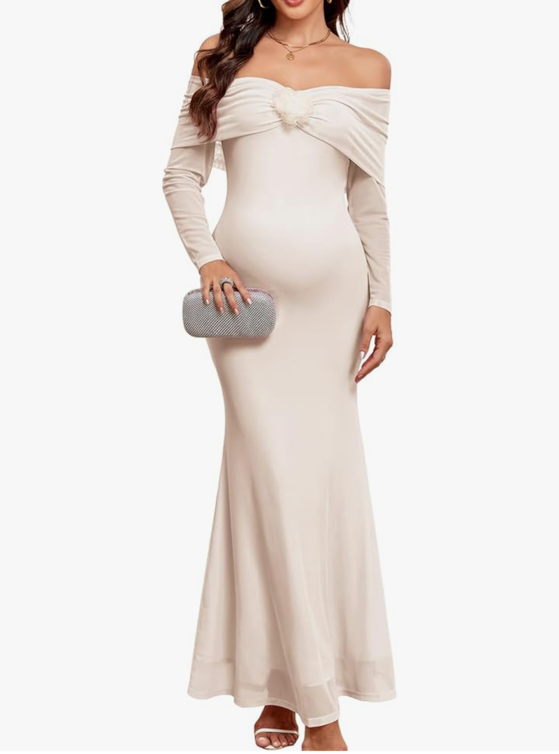 Maternity Off The Shoulder Mermaid Maxi Dress Mesh Bodycon Pregnancy Dresses Baby Shower Photoshoot with Floral, Size XL