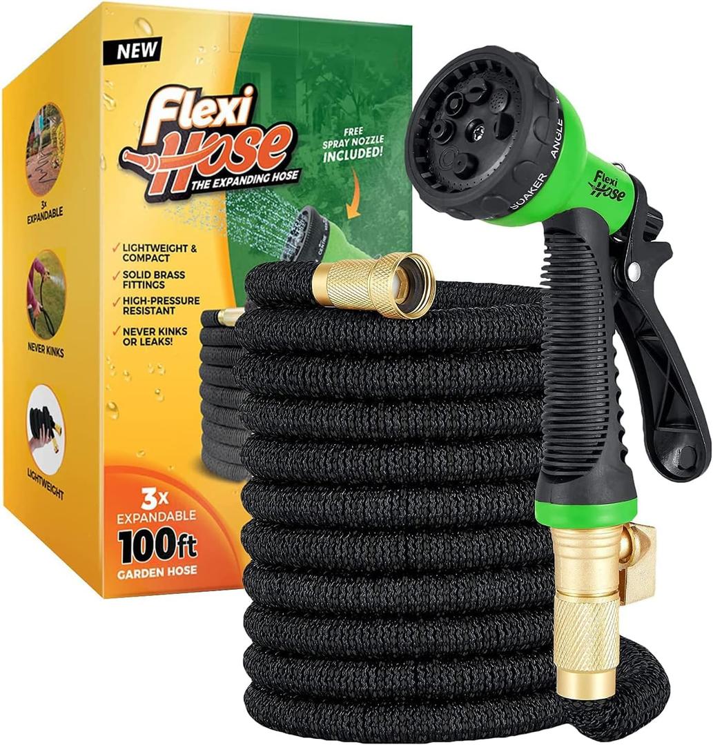 Flexi Hose with 8 Function Nozzle Expandable Garden Hose, Lightweight & No-Kink Flexible Garden Hose, 3/4 inch Solid Brass Fittings and Double Latex Core, 100 ft Black