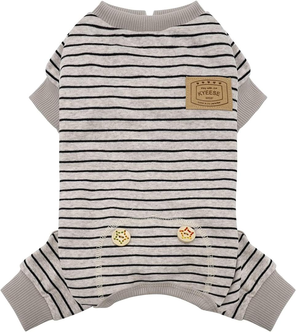KYEESE Dog Pajamas Stretchable 4 Legs Doggie Jammies Striped Jumpsuit Lightweight Onesie Puppy Pajamas Cozy Outfit Comfortable Dog Clothes Hair Shedding Cover Pet Jammies,Ivory Brown Striped, Medium (Medium (11-16lbs))