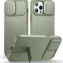 SURITCH for iPhone 13 Pro Max/12 Pro Max Case with Magnetic Camera Slide Cover and Adjustable Kickstand, Compatible with MagSafe, Shockproof Bumper Case Slim Protective Cover 6.7 Inch, Green