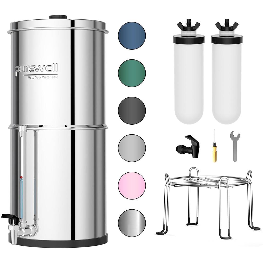 Purewell 3-Stage Gravity Fed Water Filter System, 2.25 Gallon Stainless Steel Countertop System with 2 Washable Ceramic Filters, Metal Water Level Spigot and Stand, Reduce up to 99% Chlorine, PW-OBT-K