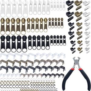 217 Pieces Zipper Repair Kit Replacement, Zipper Pulls, Head Slider, Installation Tools, Stopper Slider Repair Tool Kit for Metal Plastic Nylon Coil Jacket Zippers (Size 8/5/3)
