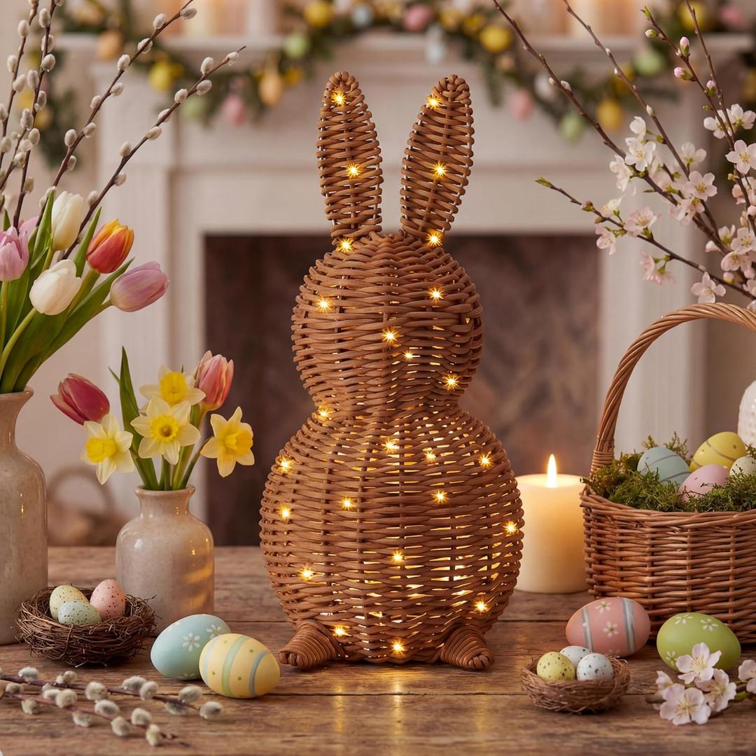 Thyle 1 Pcs Neutral Easter Rattan Bunny Decoration, 13.8 Inch Modern Woven Rabbit Tabletop Centerpiece with 3.28 FT String Light, Rabbit Ornament for Mantel Fireplace Easter Home Tiered Tray Decor