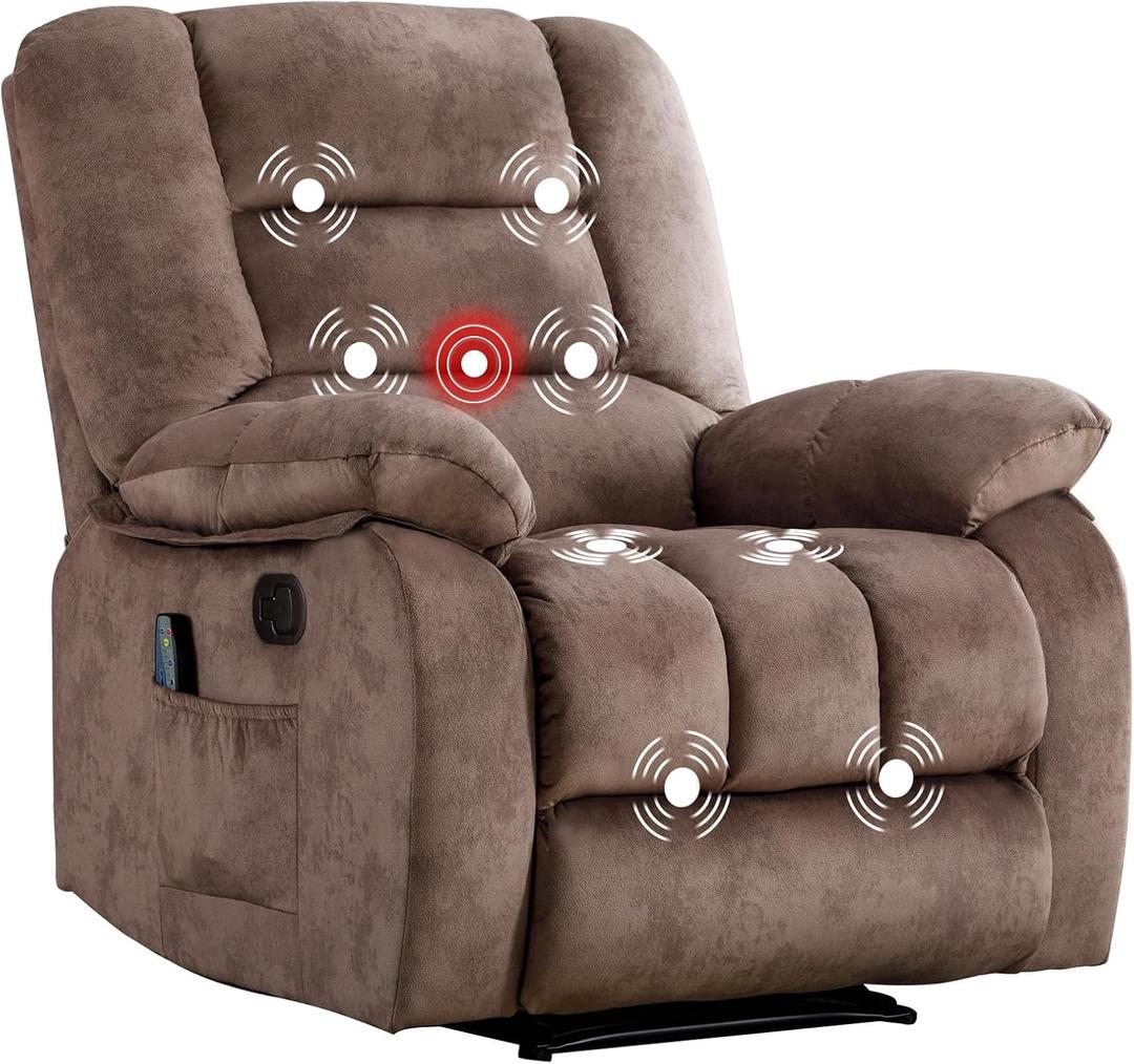 Phoenix Home Manual Recliner Chair with Massage & Heating, Overstuffed Breathable Fabric Reclining Sofa with Side Pockets for Living Room, Brown