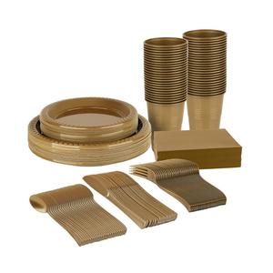 Grandipity 350 Piece Gold Disposable Dinnerware Set, Includes 50 of Each: 9" Dinner Plates, 7" Dessert Plates, 12oz Cups, Paper Napkins, Forks, Knives & Spoons