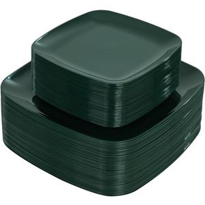 PULOTE 100PCS Green Plastic Plates - Green Square Disposable With Gold Rim - Include 50 Dinner 10inch, 50 Dessert 7.25inch Plates for Party&Christmas