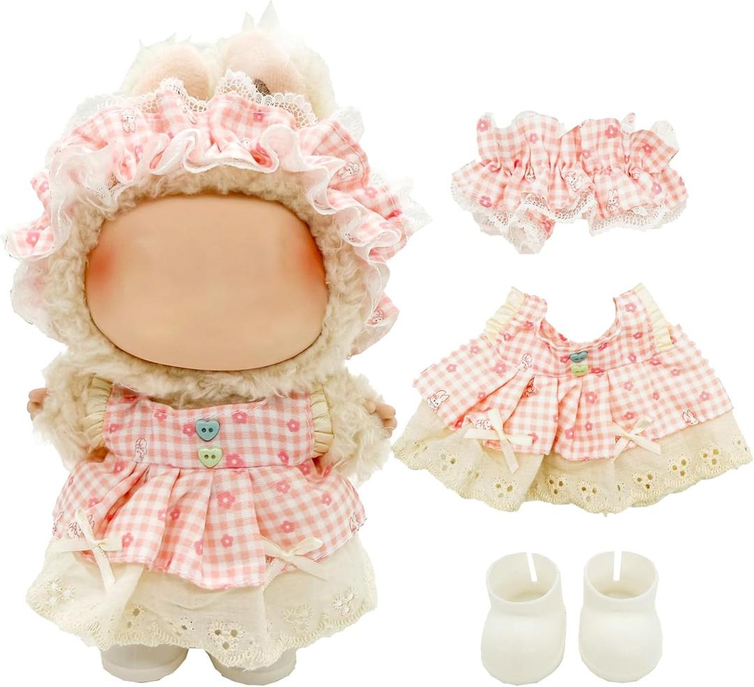 2 x Clothes for Labubu - 4PC Set with Shoes for 6.7 Inches Doll, Premium Outfit with Accessories, Stylish Clothes for Labubu (NO Doll)(Pink Plaid)