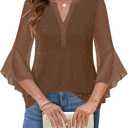 Lotusmile Women's 3/4 Sleeve Dressy Tops Elegant V Neck Blouse for Women Casual Work Evening Party (Brown, S)