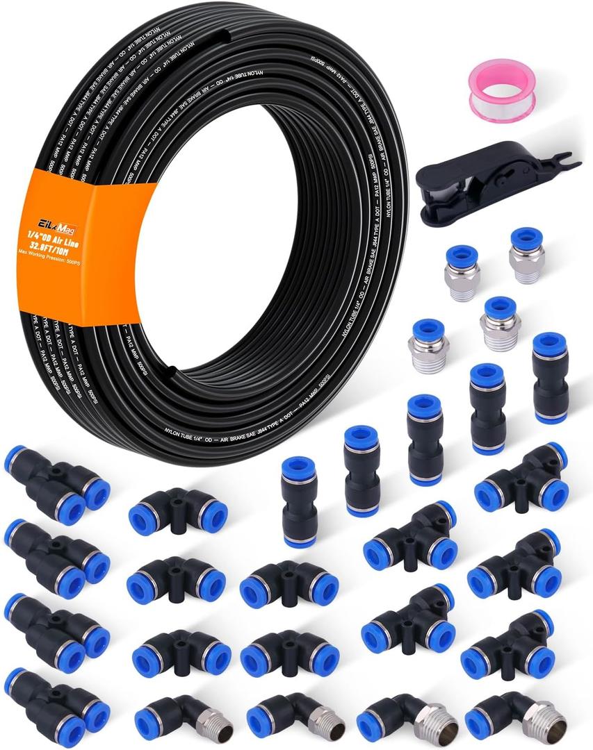 1/4" Air Line Tubing Kit, 32.8FT(10M) SAE J844 PA Nylon Air Hose Tubing with Cutter and Teflon Tape, 1/4" Air Hose with Push to Connect Fittings for Air Brake System Or Fluid Transfer(30PCS)