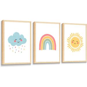 LINATKYY 3Pcs Nursery Wall Art Canvas Prints Cute Sun Rainbow Dark Clouds Posters Pictures Sunny Rainy Decoration for Baby Kids Children's Room Painting Classroom Bedroom Wall Decor 16x24in Unframed