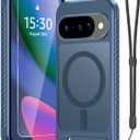 RMOCR Magnetic Case for Google Pixel 10 & Pixel10 Pro with Screen Protector+Lanyard Wrist Strap+Invisible Kickstand[Compatible with Pixelsnap & MagSafe],Translucent Matte Slim Phone Cover,Navy Blue