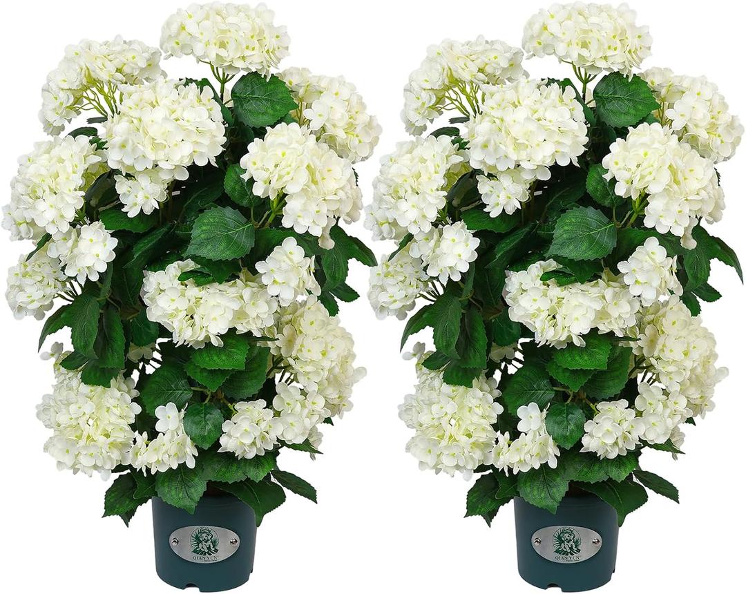 QIANYUN Faux Hydrangea Tree 30" Tall (2 Pack), Artificial Hydrangea Plant in Pot with White Flowers, Realistic Hydrangea Tree for Indoor Outdoor Porch, Patio, Home Decor
