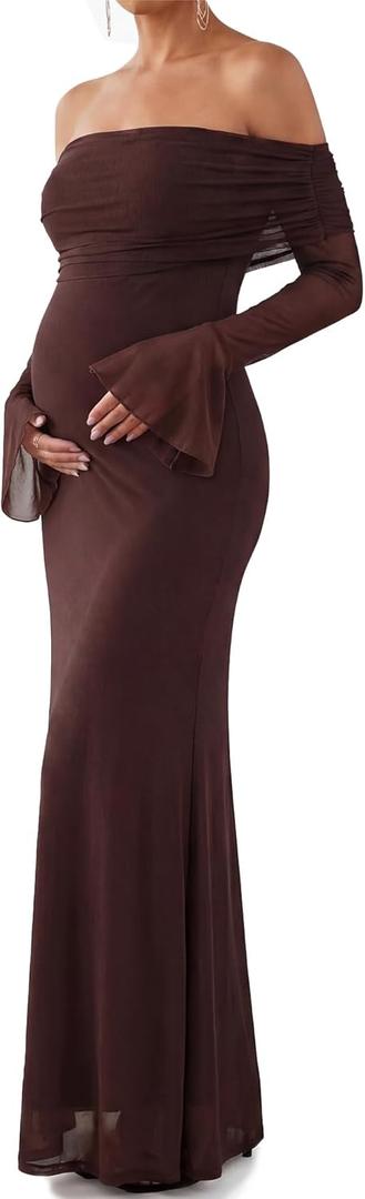 Women Maternity Off Shoulder Long Sleeve Baby Shower Dress Mesh Bodycon Maxi Dress Formal Wedding Guest Dresses Medium