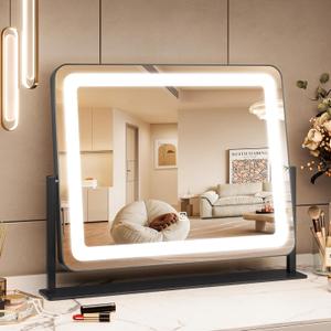 Vanity Mirror with Lights, 19.6"x15.7" LED Makeup Mirror with Lights, Large Lighted Makeup Mirror, Touch Screen, 3-Color Dimmable Desk Mirror for Bedroom, Vanity Desk, Tabletop, Dressing Room, Black