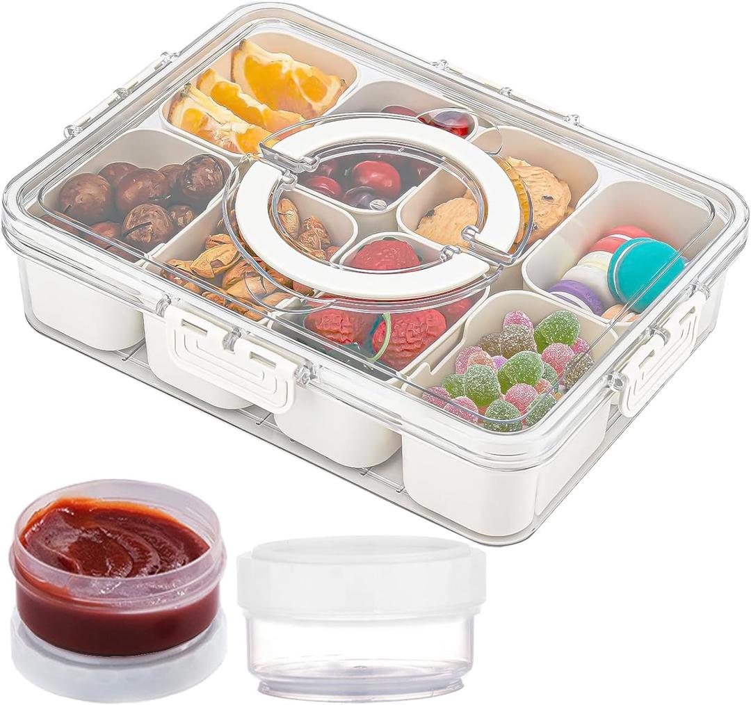 Snackle Box Container, Dishwasher Safe 8 Compartments Snack Containers 2 Dressing Containers, Clear Charcuterie Board for Snacks Fruits Veggies, Reusable Divided Serving Tray with Lid and Handle
