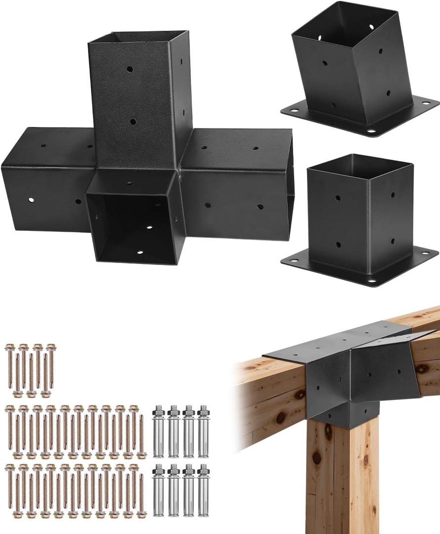 VEVOR Pergola Kit, 4x4 Inch 4-Way Slanted Bracket for 3.5x3.5 Inch Wood Beams in Actual Size, Carbon Steel Pergola Bracket with Post Base and Wall Mount Base, for Outdoor Pergolas, Gazebos, Sheds