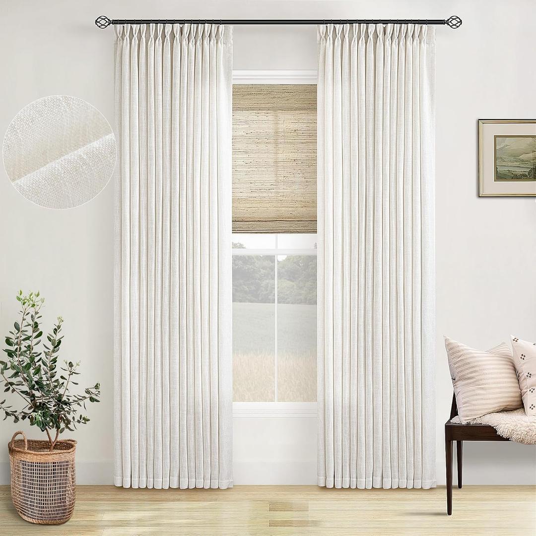 Pinch Pleated Linen Curtains 96 Inches Long for Living Room 2 Panel Set Cream Ivory Light Filtering Pinch Pleat Hooks Rings Back Tab Neutral Boho Farmhouse 96 Inch Curtain Drapes for Bedroom Window, 40"W x 96"L