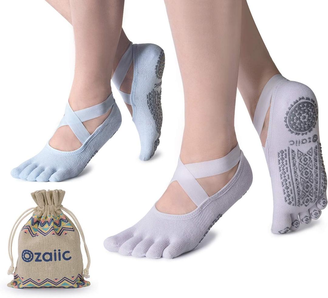 Ozaiic Yoga Socks for Women with Grips, Non-Slip Five Toe Socks for Pilates, Barre, Ballet, Fitness (One Size, Lavenderblush+ Lightblue-2 Pair)