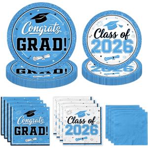 Graduation Plates and Napkins 2026, 200pcs Sky Blue Graduation Decorations Class of 2026 Grad Congrats Light Blue Graduation Blue Plates and Napkins Party Supplies for Graduation Party Favors,Serve 50