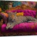 Cheetah Lying On Pink Sofa Canvas Wall Art Eclectic Leopard Wall Decor Pictures Maximalist Animal Portrait Poster Prints for Living Room Home Bedroom Home Decoration 24x36in Ready to Hang