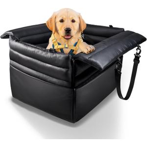 Dog Car Seats for Medium Dogs : Secure & Cushioned Pet Booster for Travel  2-in-1 Foldable Dog Bed for Front or Back Seat, Waterproof PU Leather, Up to 45 lbsBlack